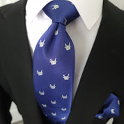 Blue White Crane Bird Silk Tie Pocket Square Cufflink Set