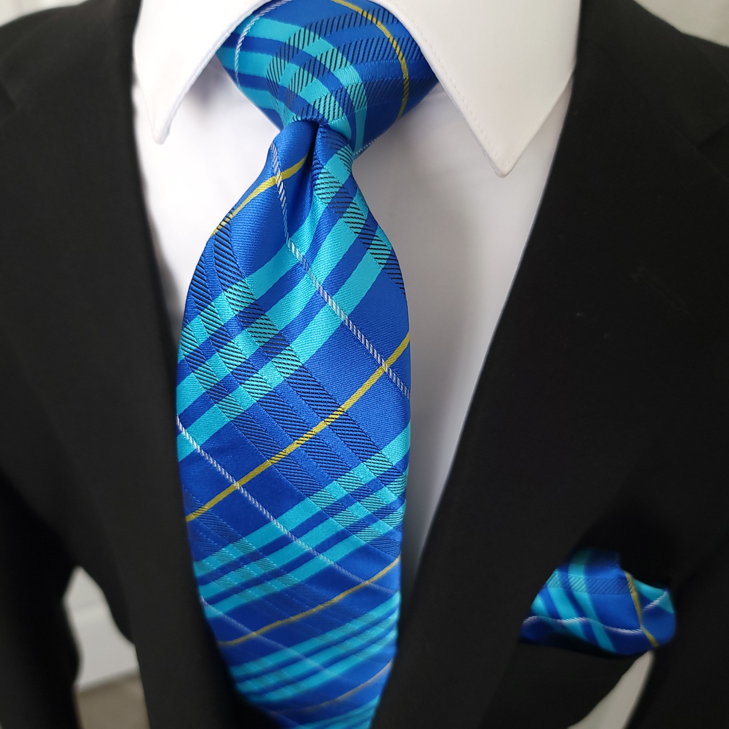 Bright Blue Plaid Silk Tie Pocket Square Cufflink Set