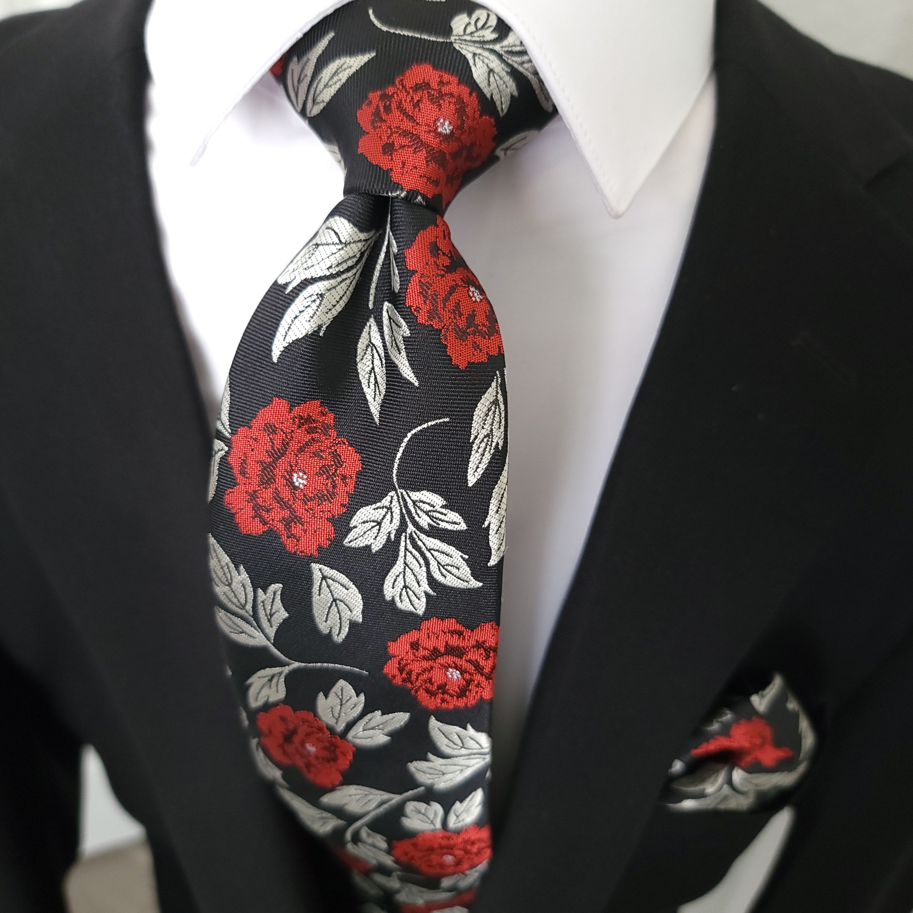 Silk Black Red Floral Tie Set of Pocket Square & Cufflinks
