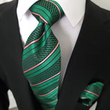 Emerald Green Striped Silk Tie Pocket Square Cufflink Set