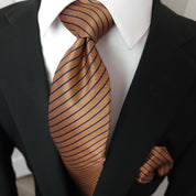 Brown Stripe Silk Tie Pocket Square Cufflink Set