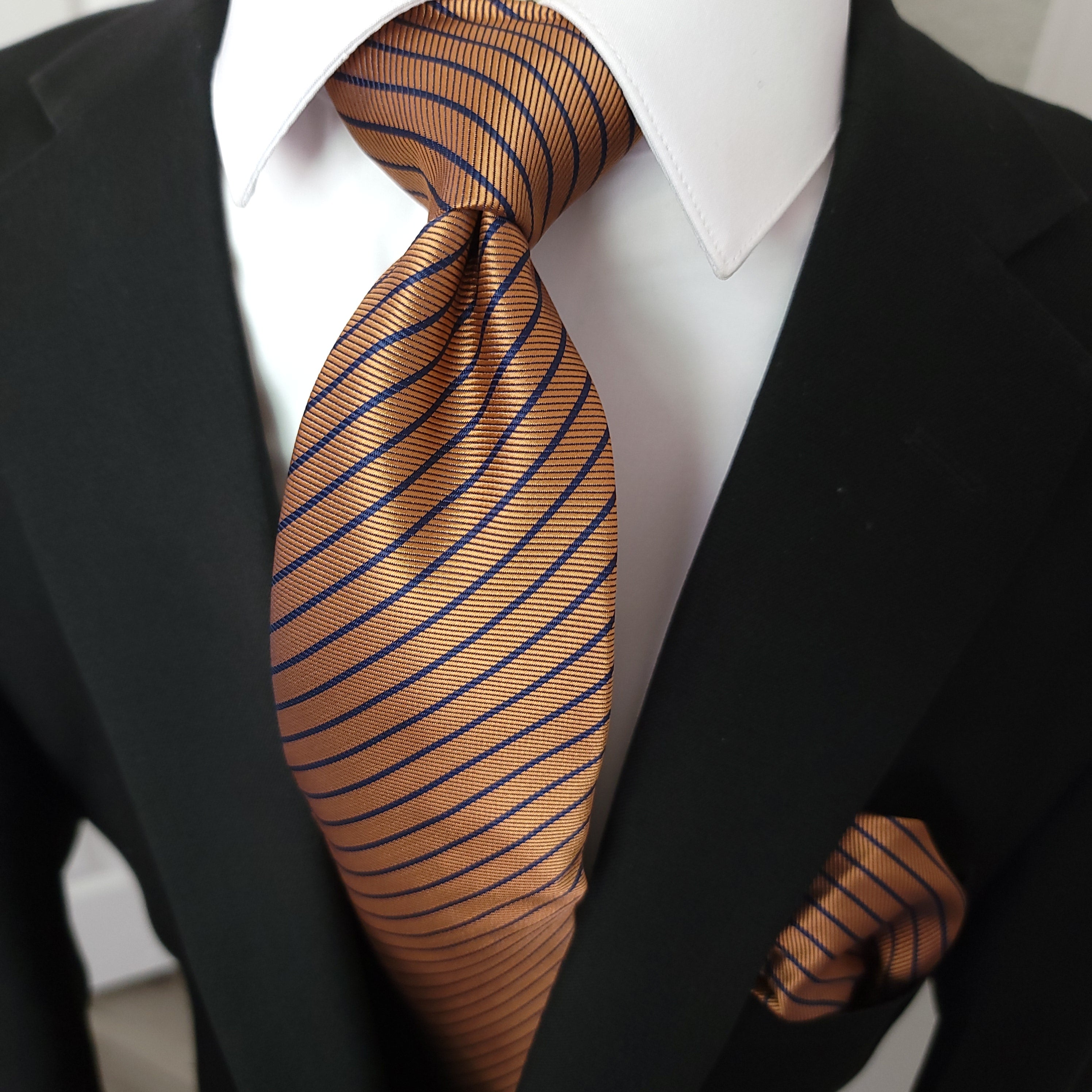 Brown Stripe Silk Tie Pocket Square Cufflink Set