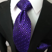 Purple Geometric Silk Tie Pocket Square Cufflink Set