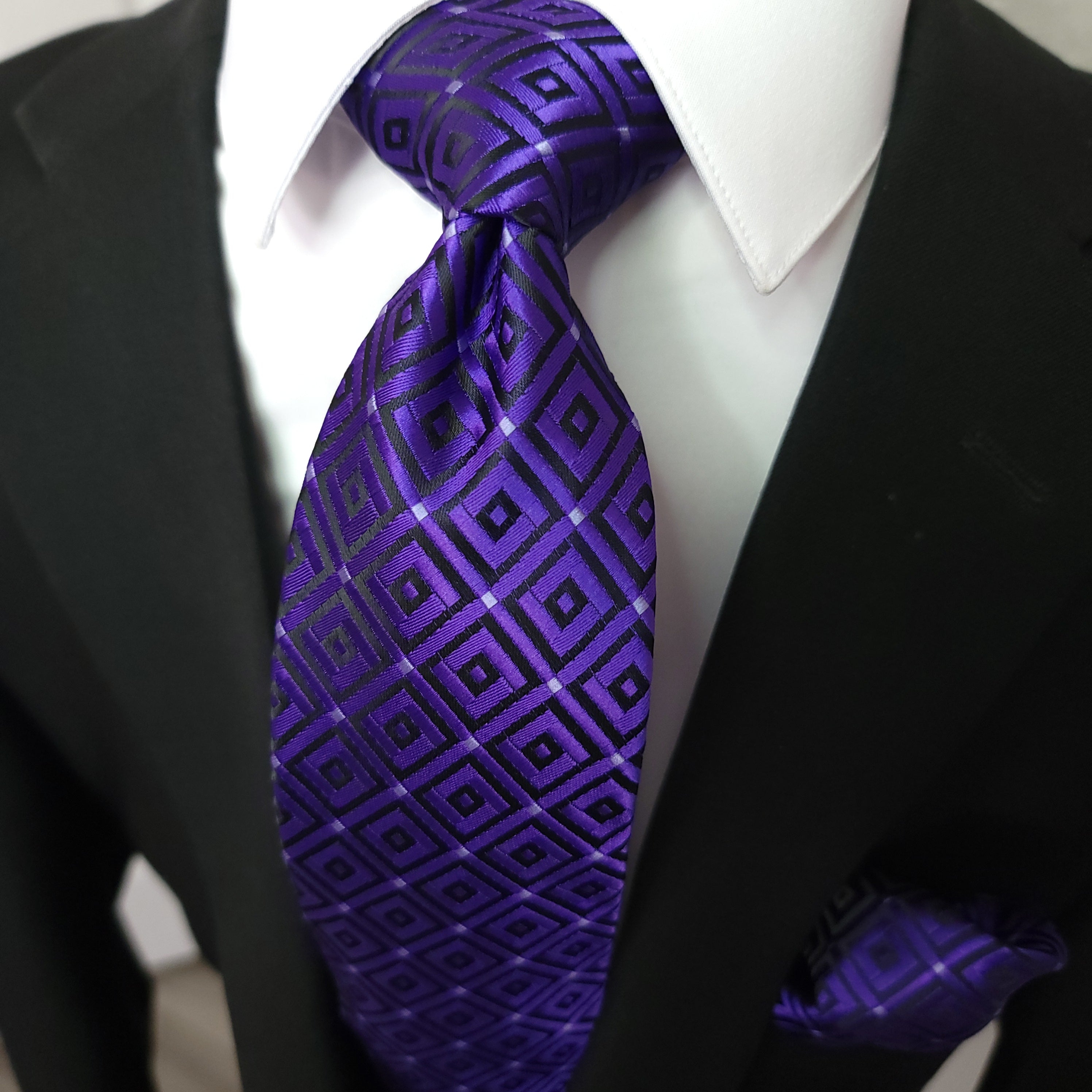 Purple Geometric Silk Tie Pocket Square Cufflink Set