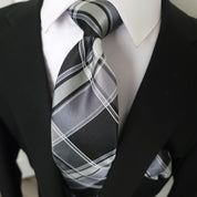 Black Gray Plaid Silk Tie Pocket Square Cufflink Set