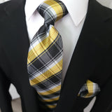 Black Yellow Stripe Silk Tie Pocket Square Cufflink Set