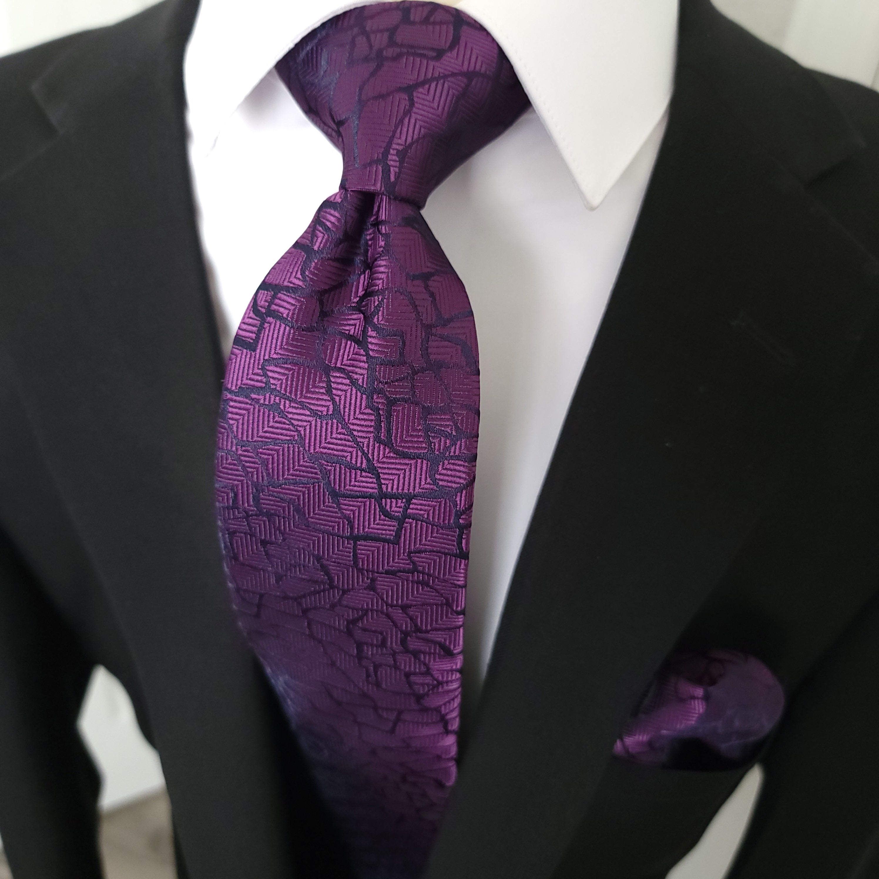Purple Geometric Silk Tie Pocket Square Cufflinks Set
