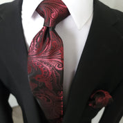 Wine Paisley Silk Tie Pocket Square Cufflink Set