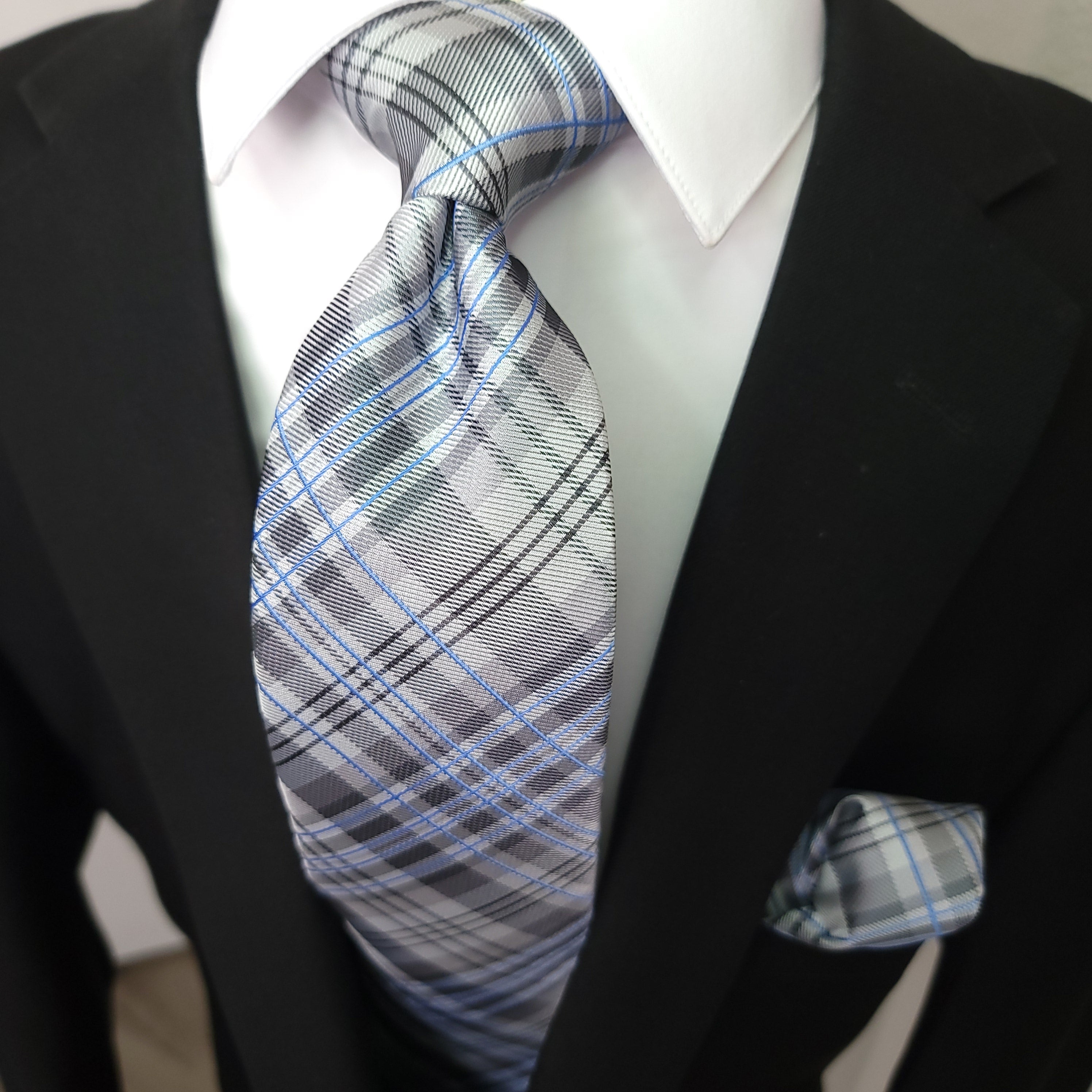 Gray Blue White Plaid Silk Tie Pocket Square Cufflink Set
