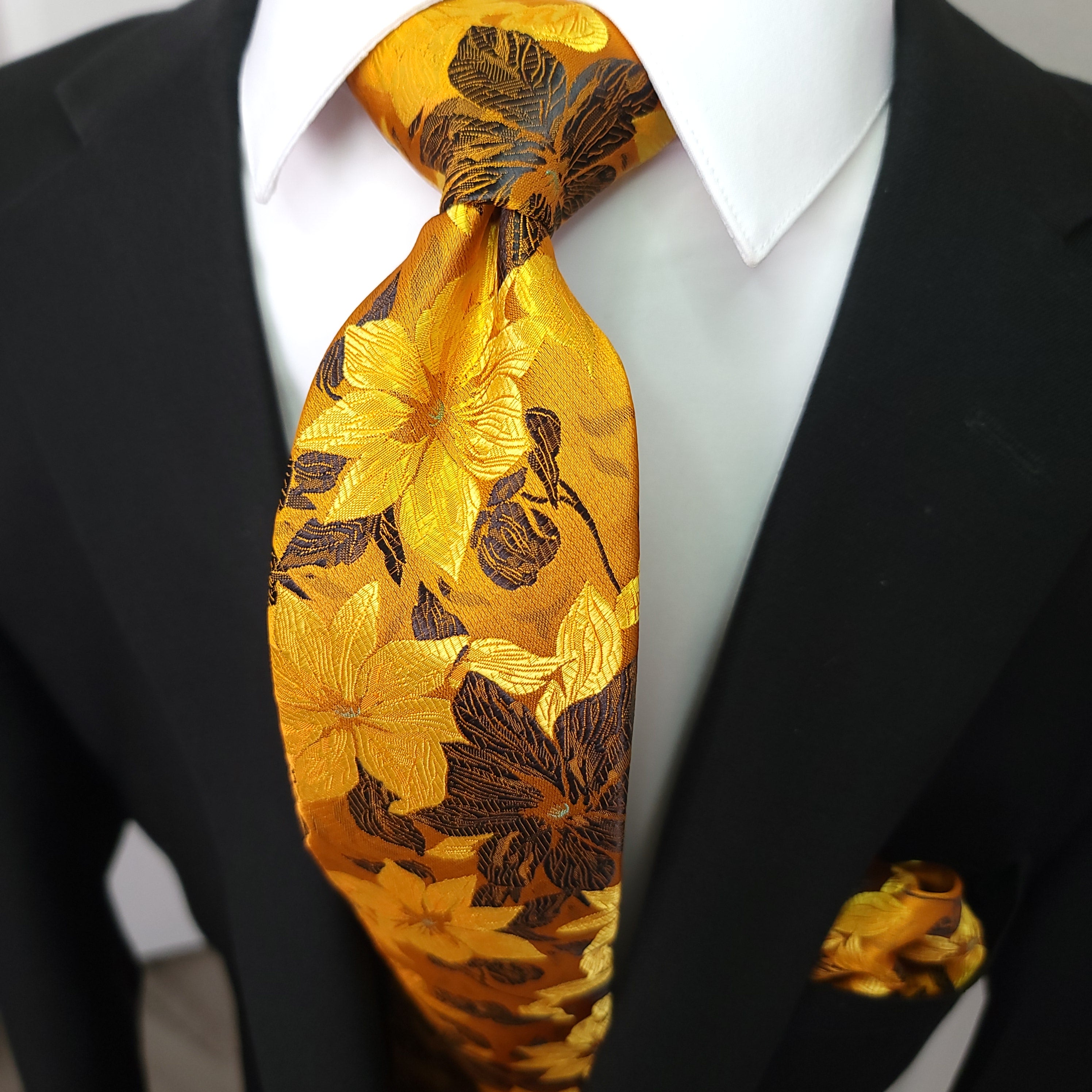 Gold Floral Silk Tie Pocket Square Cufflink Set