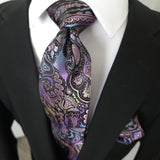 Paisley Purple Colorful Silk Tie Pocket Square Cufflink Set