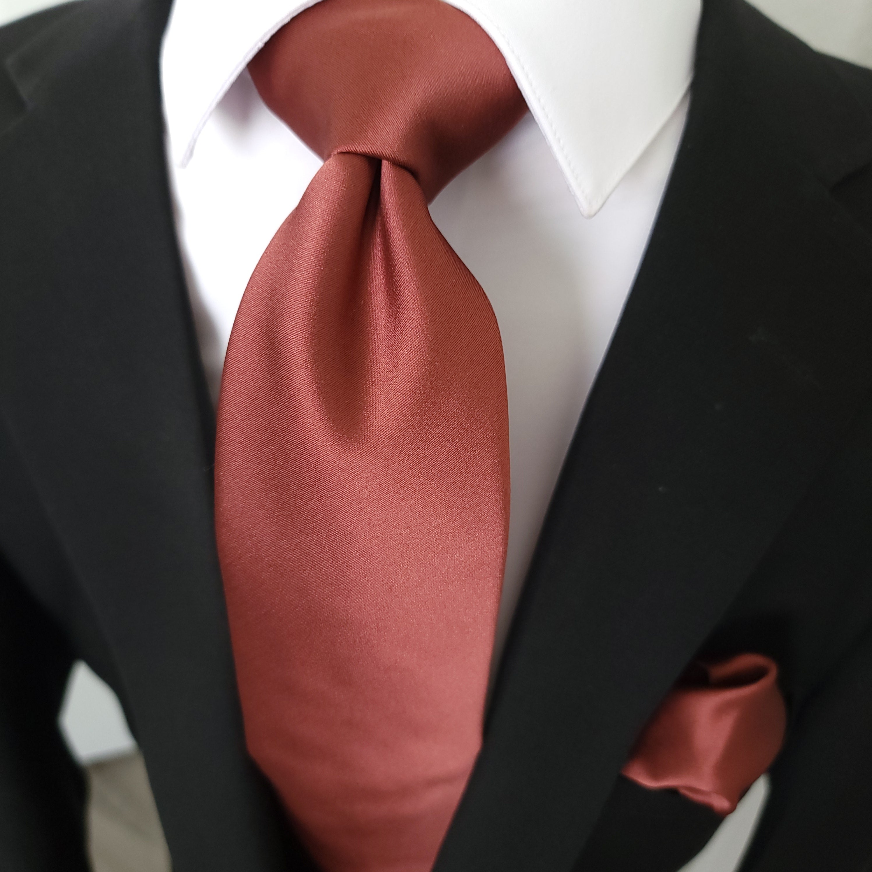 Brick Red Solid Silk Tie Pocket Square Cufflink Set