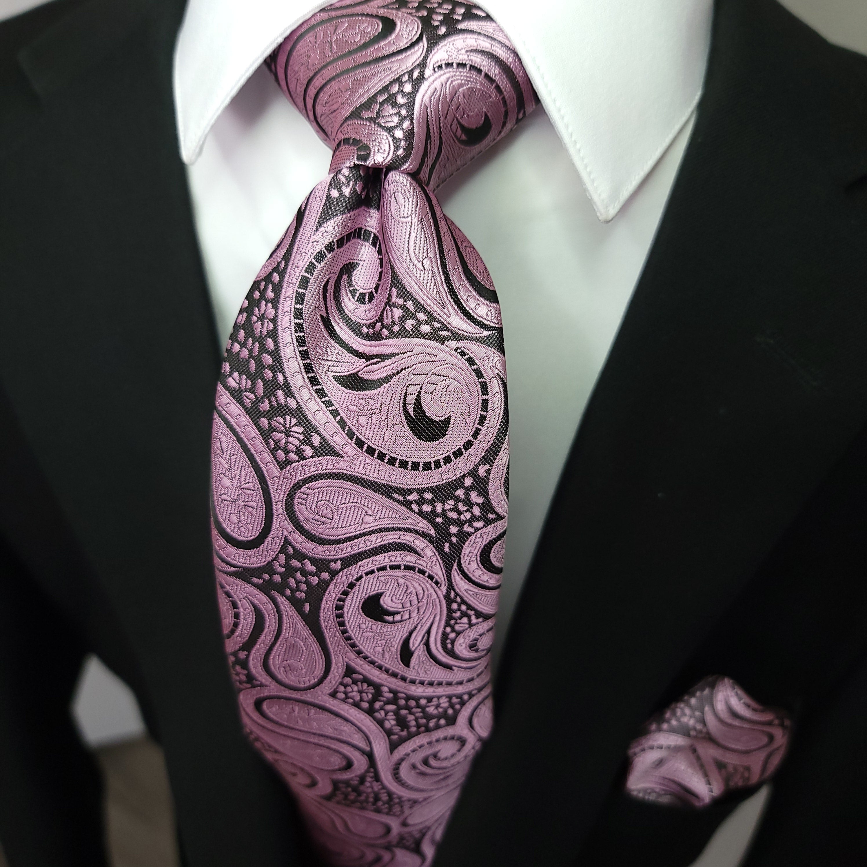 Black Coral Pink Paisley Silk Tie Pocket Square Cufflink Set