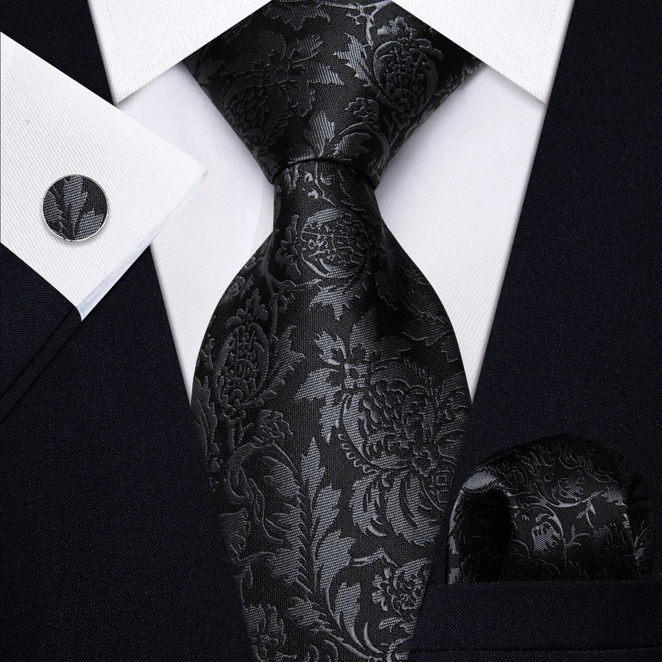 Black Gray Floral Silk Tie Pocket Square Cufflink Set