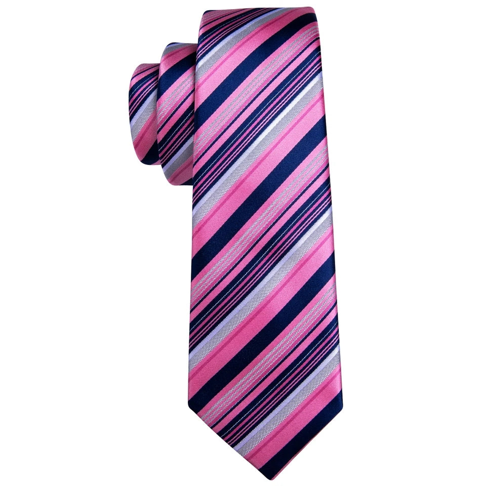 Pink Blue Stripe Silk Tie Pocket Square Cufflink Set