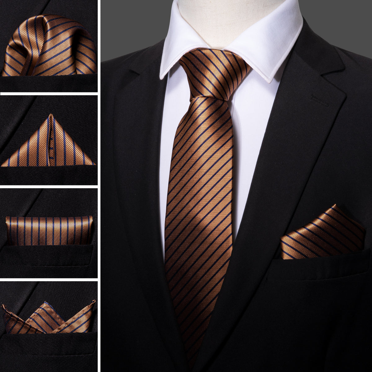 Brown Stripe Silk Tie Pocket Square Cufflink Set