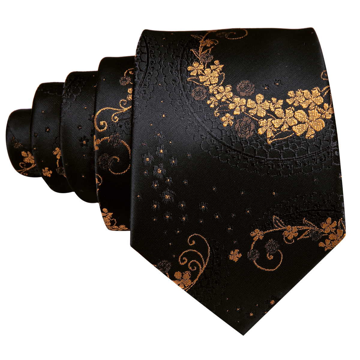 Black Gold Copper Flower Silk Tie Pocket Square Cufflink Set