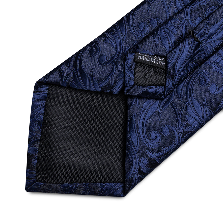 Navy Blue Solid Floral Silk Tie Pocket Square Cufflink Set