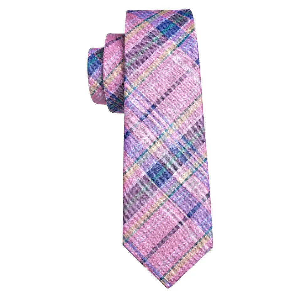 Pink Blue Plaid Silk Tie Pocket Square Cufflink Set