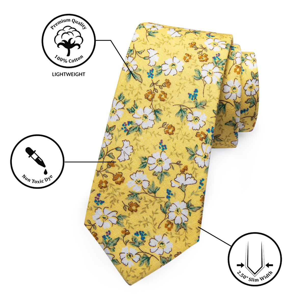 Yellow White Floral Slim Tie Pocket Square Set