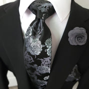 Black Gray Floral Silk Tie Pocket Square Cufflink Set