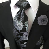 Black Gray Floral Silk Tie Pocket Square Cufflink Set