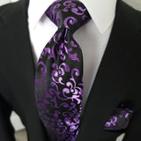 Black Purple Flower Silk Tie Pocket Square Cufflink Set