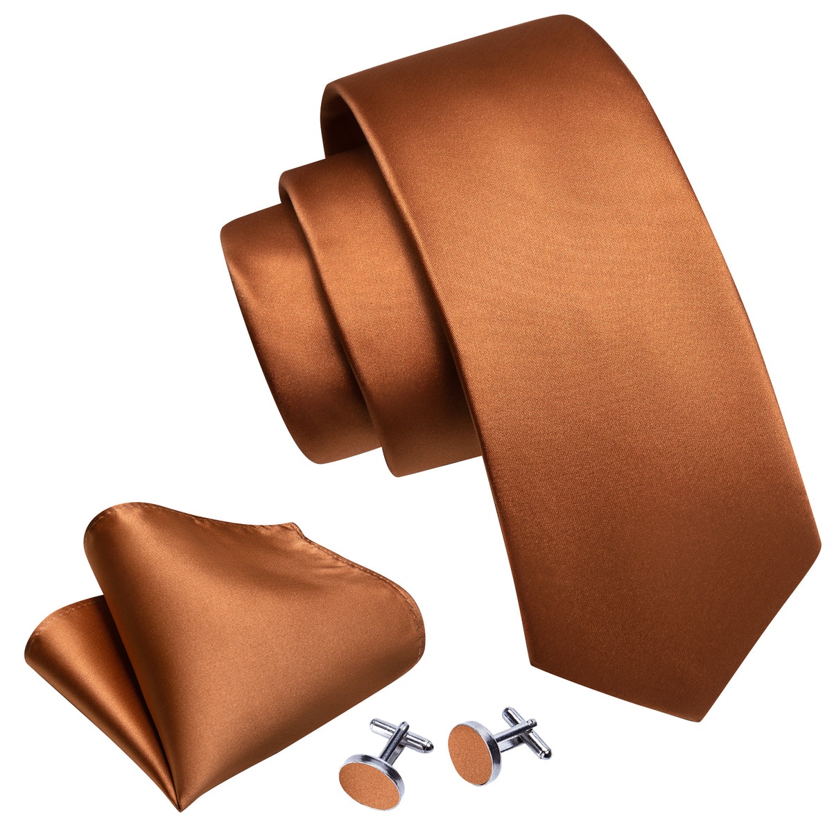 Copper Brown Solid Silk Tie Pocket Square Cufflink Set