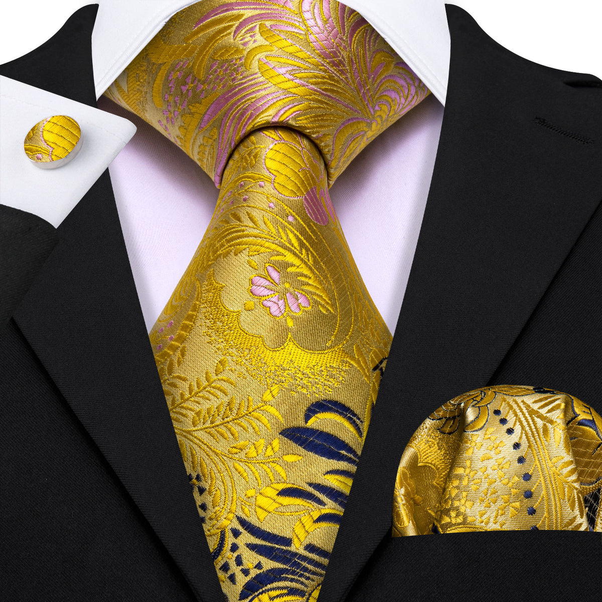 Gold Navy Blue Floral Silk Tie Pocket Square Cufflink Set