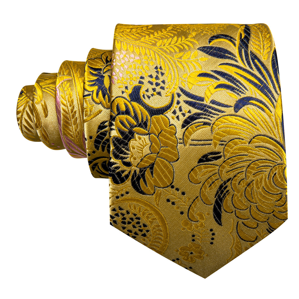 Gold Navy Blue Floral Silk Tie Pocket Square Cufflink Set