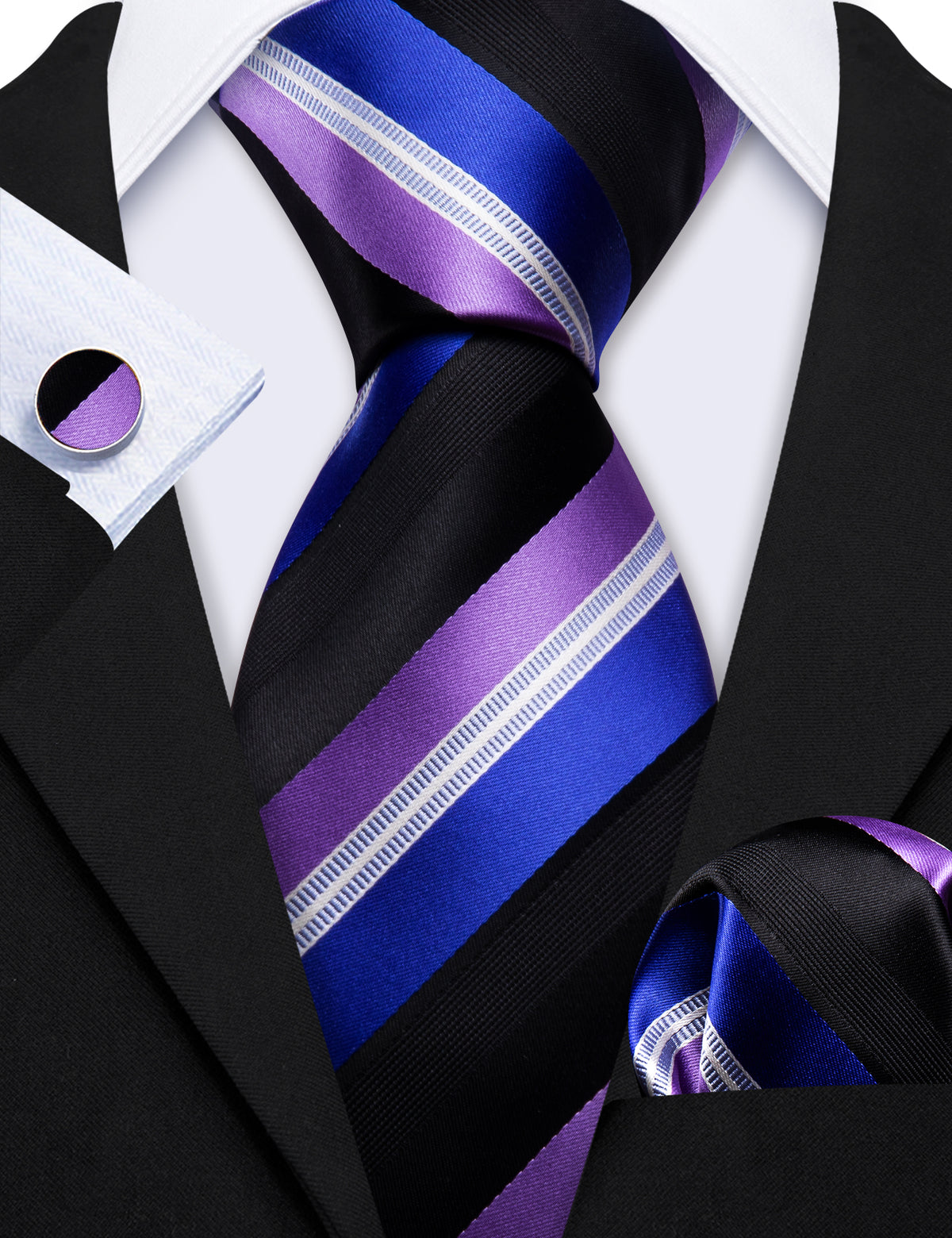 Black Purple Blue Stripe Silk Tie Pocket Square Cufflink Set