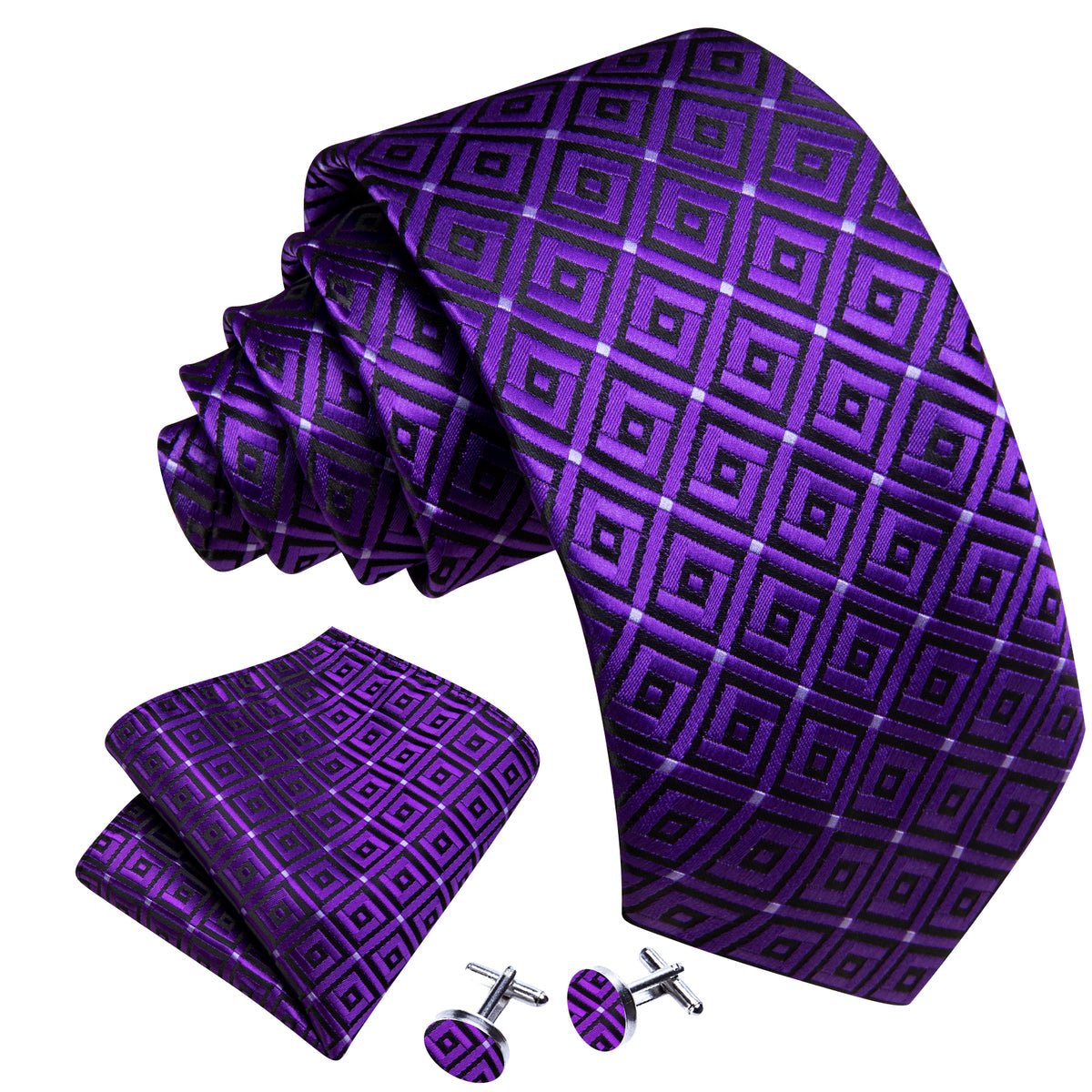 Purple Geometric Silk Tie Pocket Square Cufflink Set