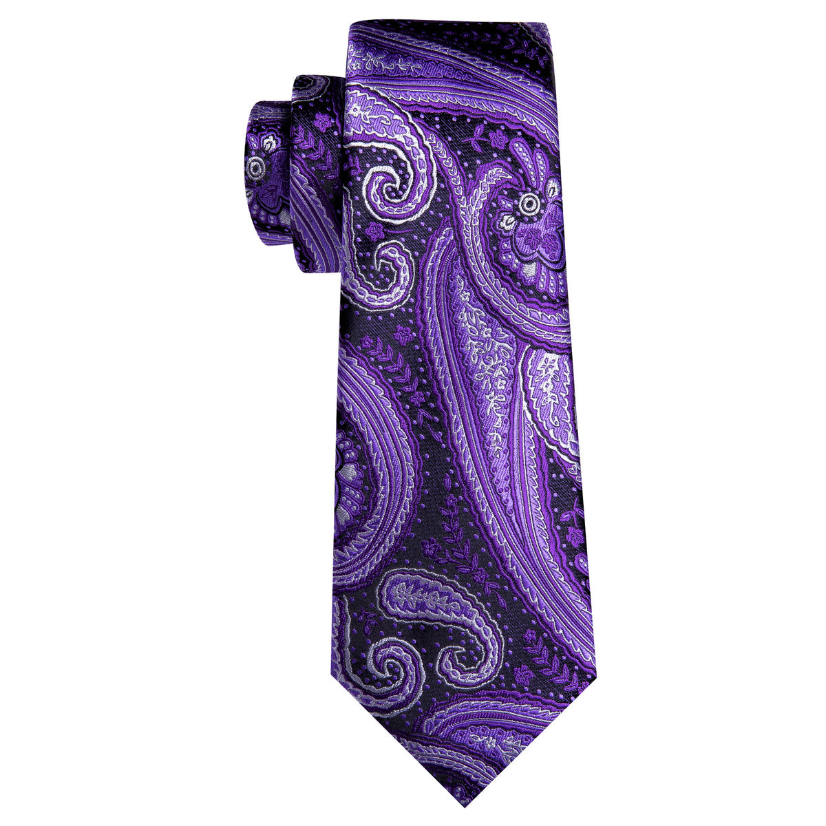 Purple White Paisley Silk Tie Pocket Square Cufflink Set