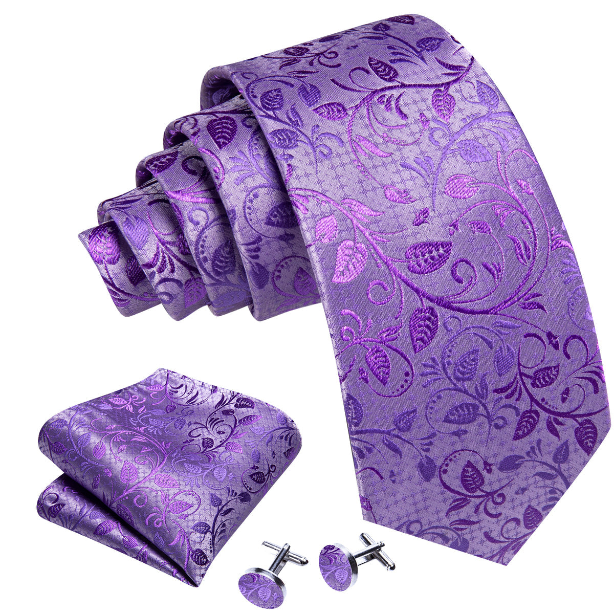 Lavender Floral Silk Tie Pocket Square Cufflink Set