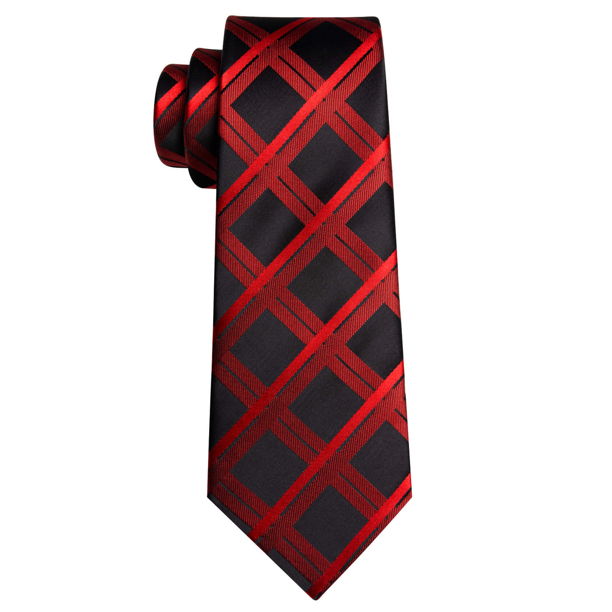 Black Red Plaid Silk Tie Pocket Square Cufflink Set