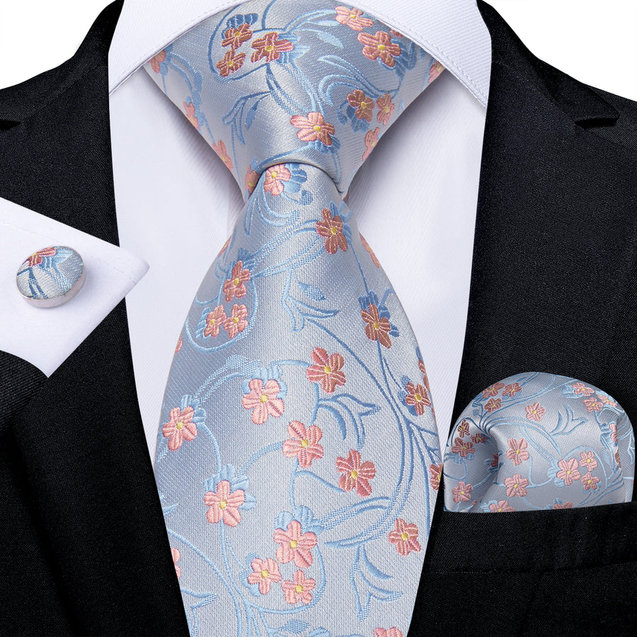 Light Blue Pink Floral Silk Tie Pocket Square Cufflink Set