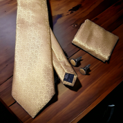 Extra Long Gold Floral Tie Pocket Square Cufflink Set