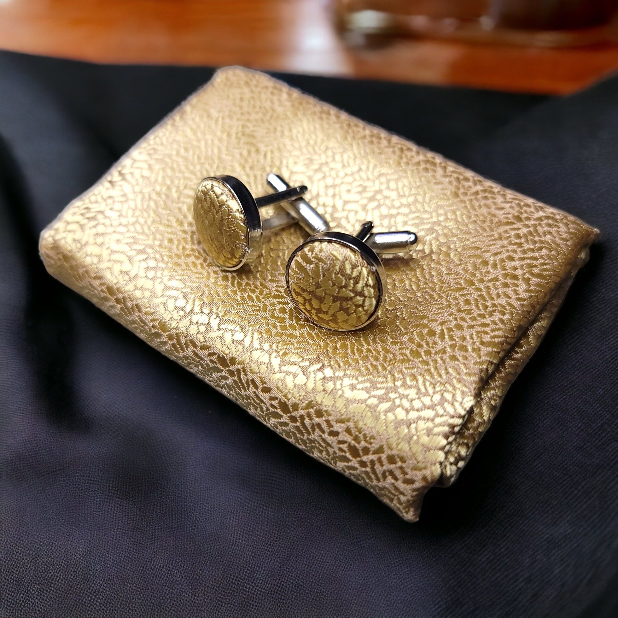 Extra Long Gold Floral Tie Pocket Square Cufflink Set