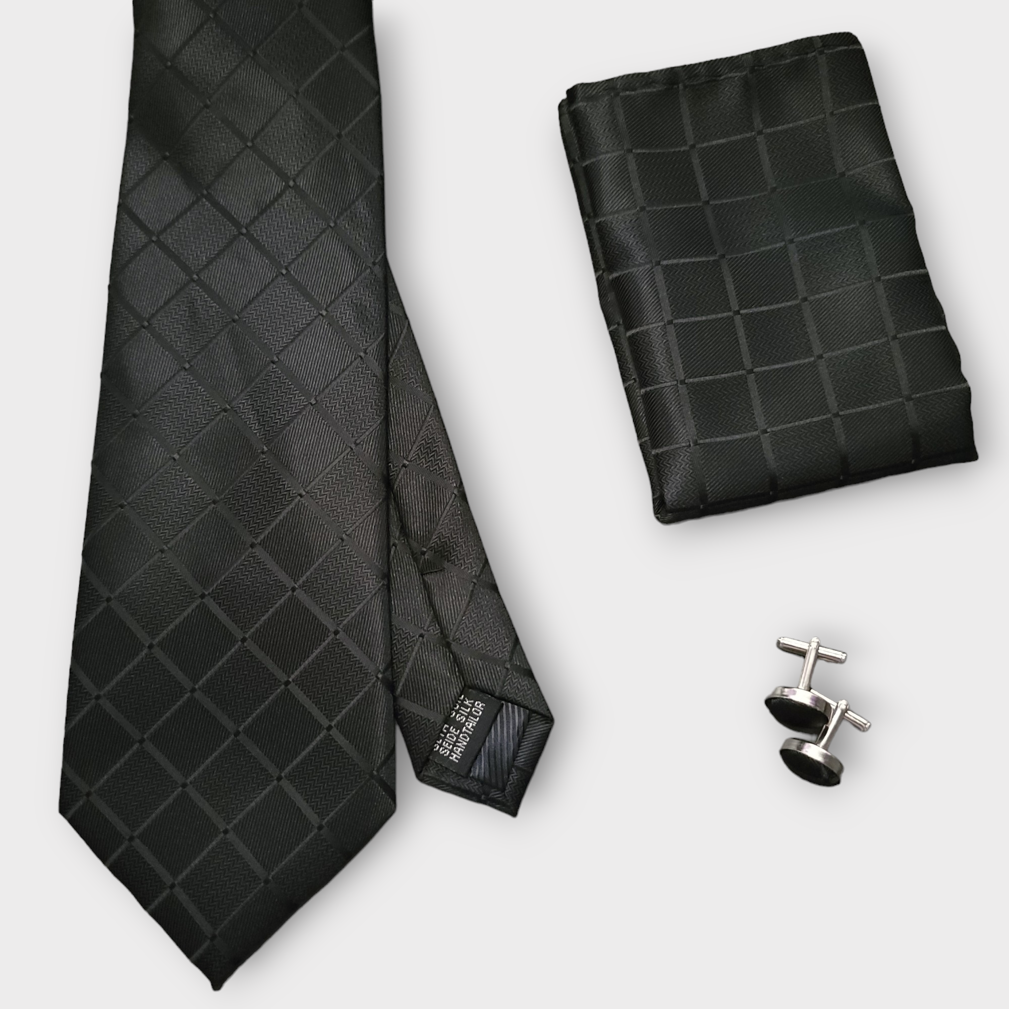 Extra Long Black Plaid Tie Pocket Square Cufflink Set