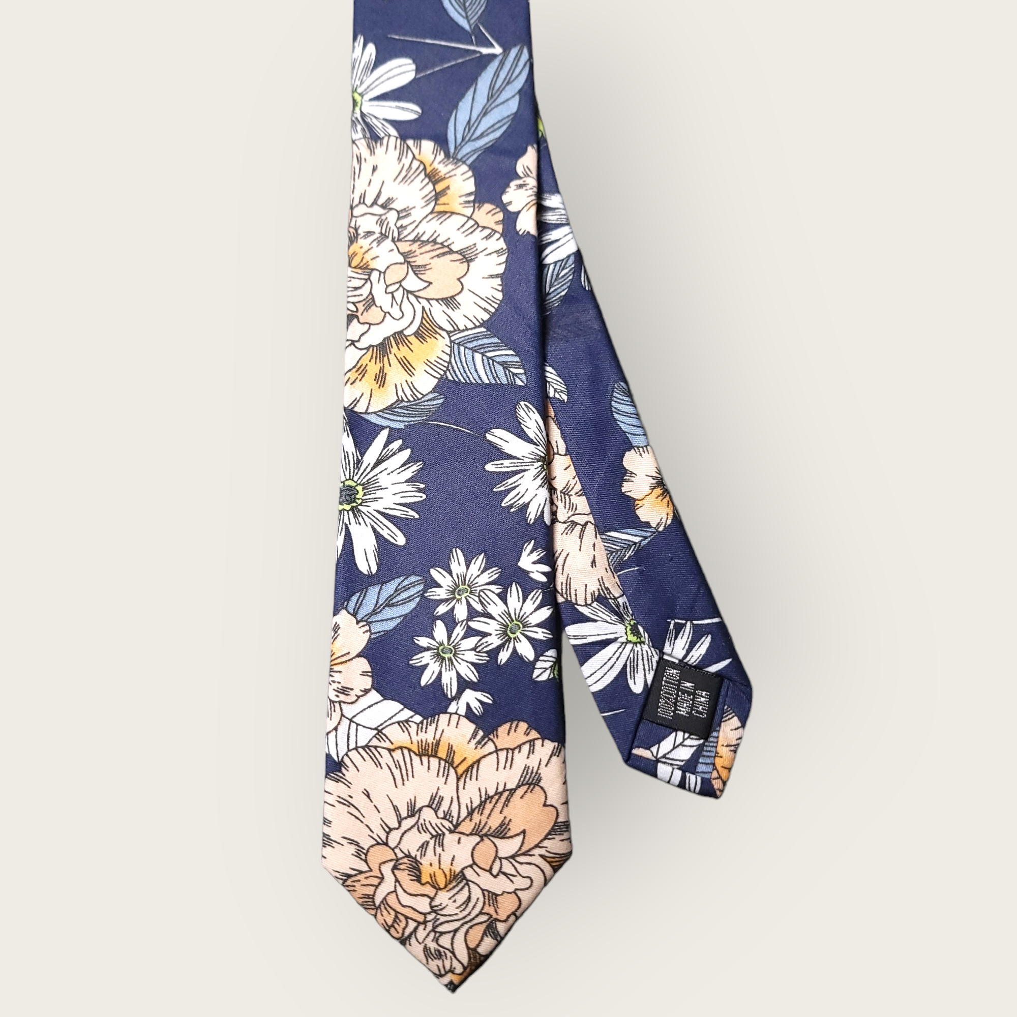 Navy Blue Cream White Floral Slim Tie