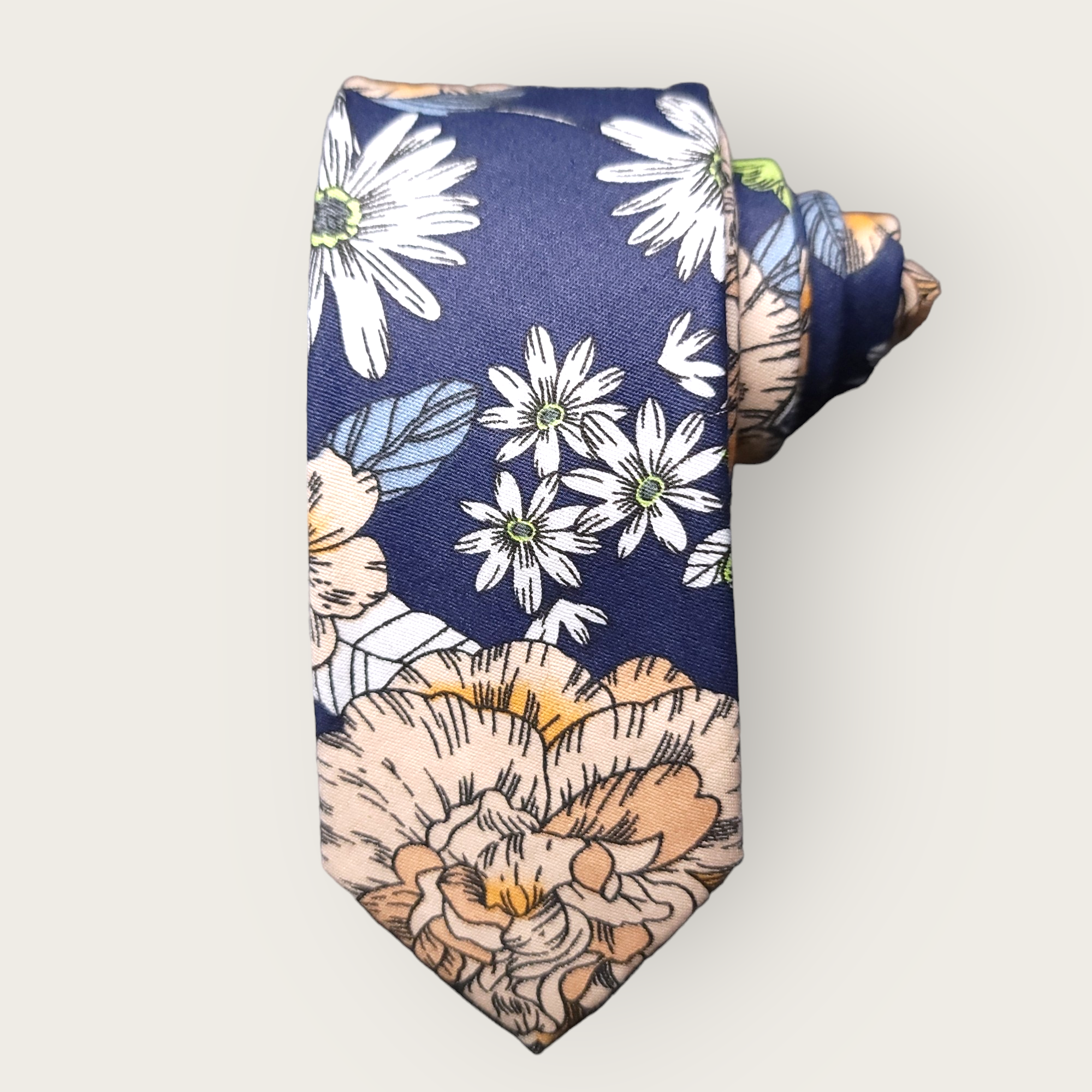 Navy Blue Cream White Floral Slim Tie