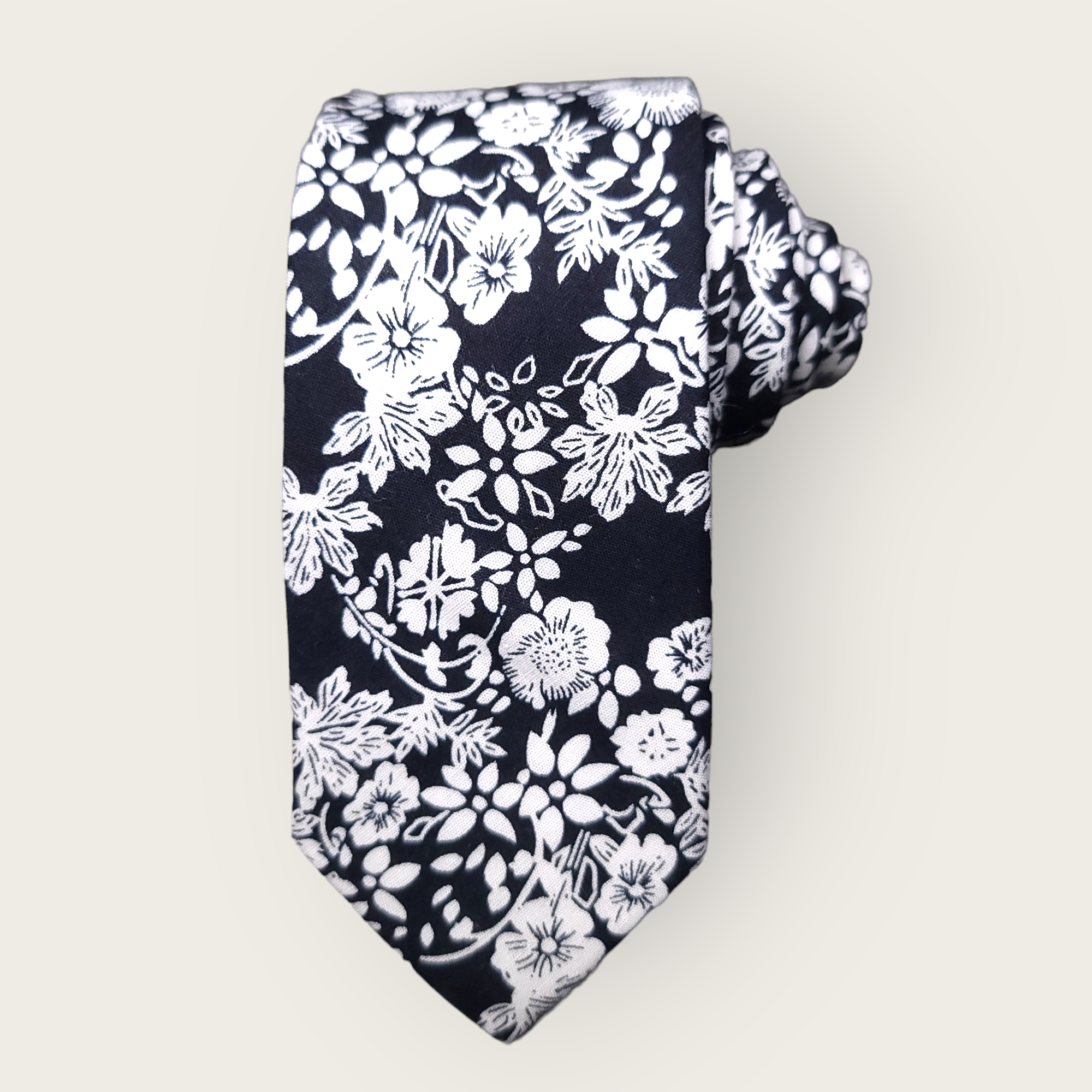 Black White Floral Slim Tie