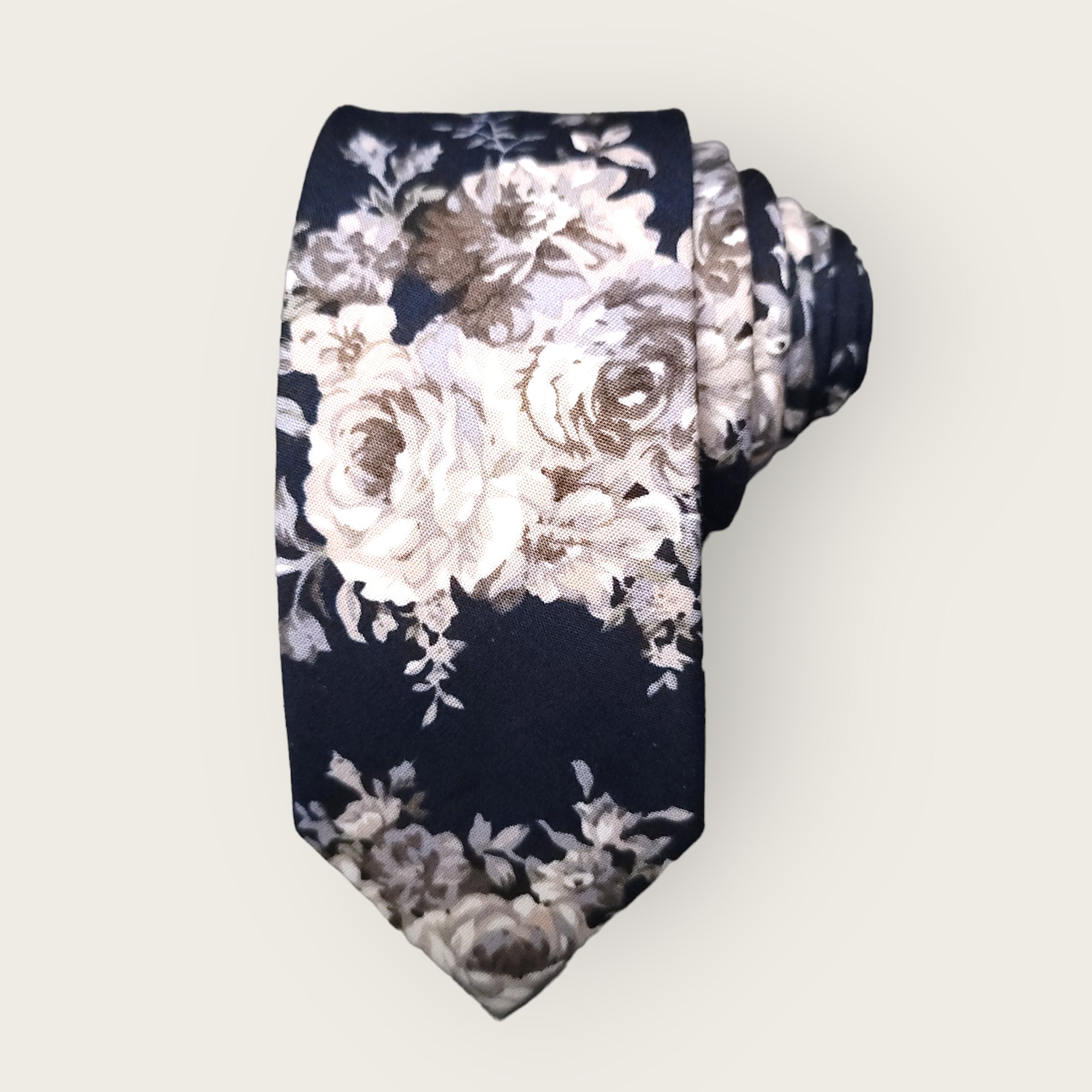 Navy Blue Gray Floral Slim Tie