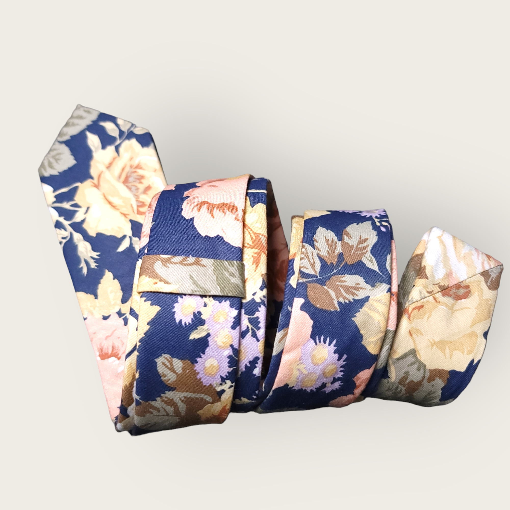 Navy Blue Cream Floral Slim Tie