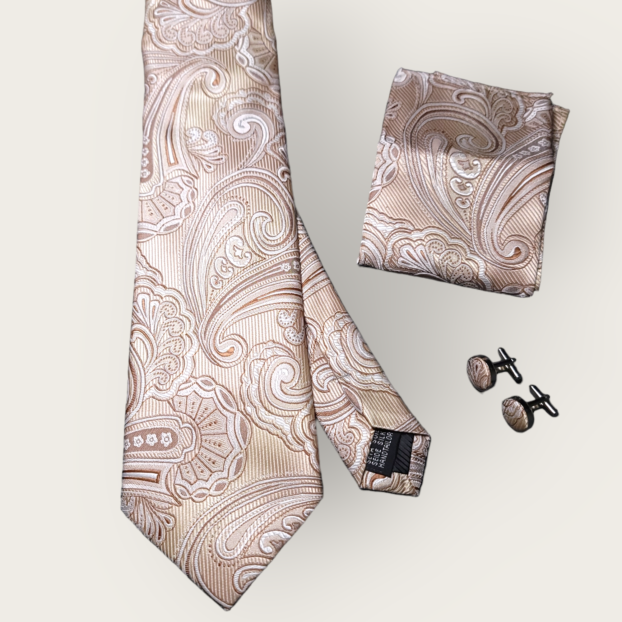 Cream Paisley Silk Tie Pocket Square Cufflink Set