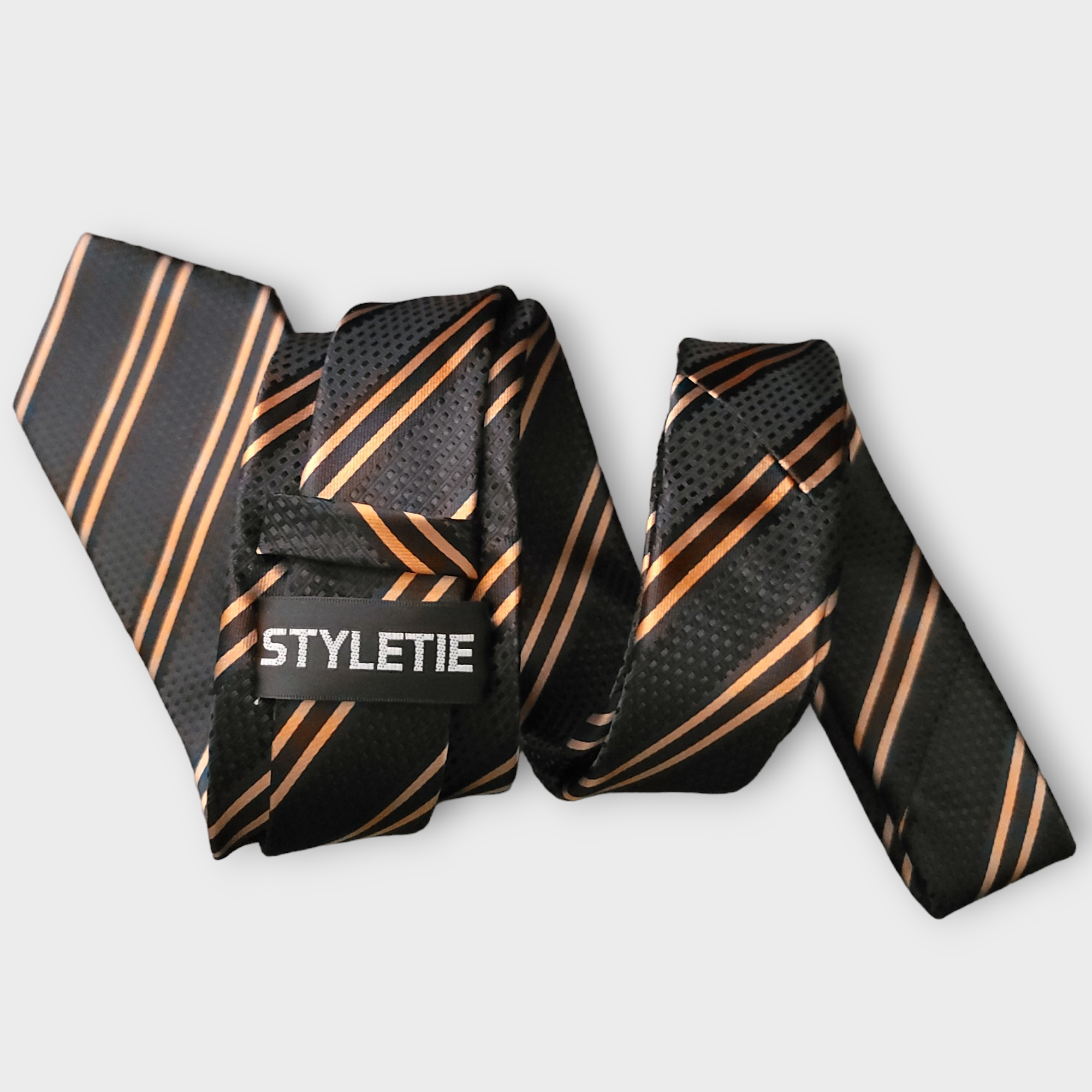 Extra Long Black Orange Stripe Tie Pocket Square Cufflink Set