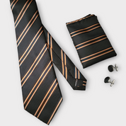 Extra Long Black Orange Stripe Tie Pocket Square Cufflink Set