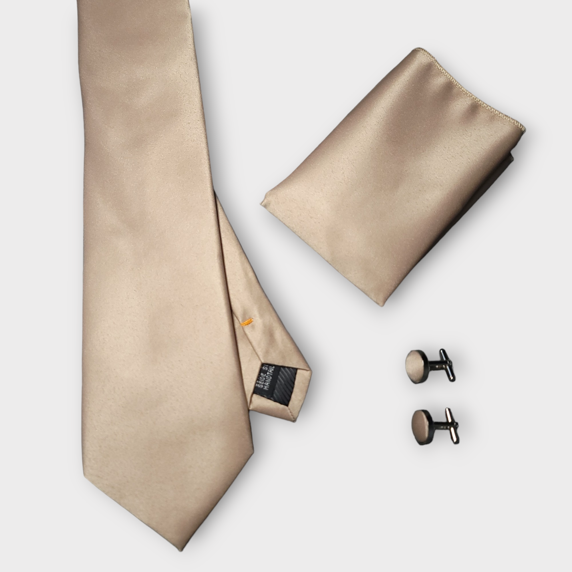 Sand Solid Silk Tie Pocket Square Cufflink Set