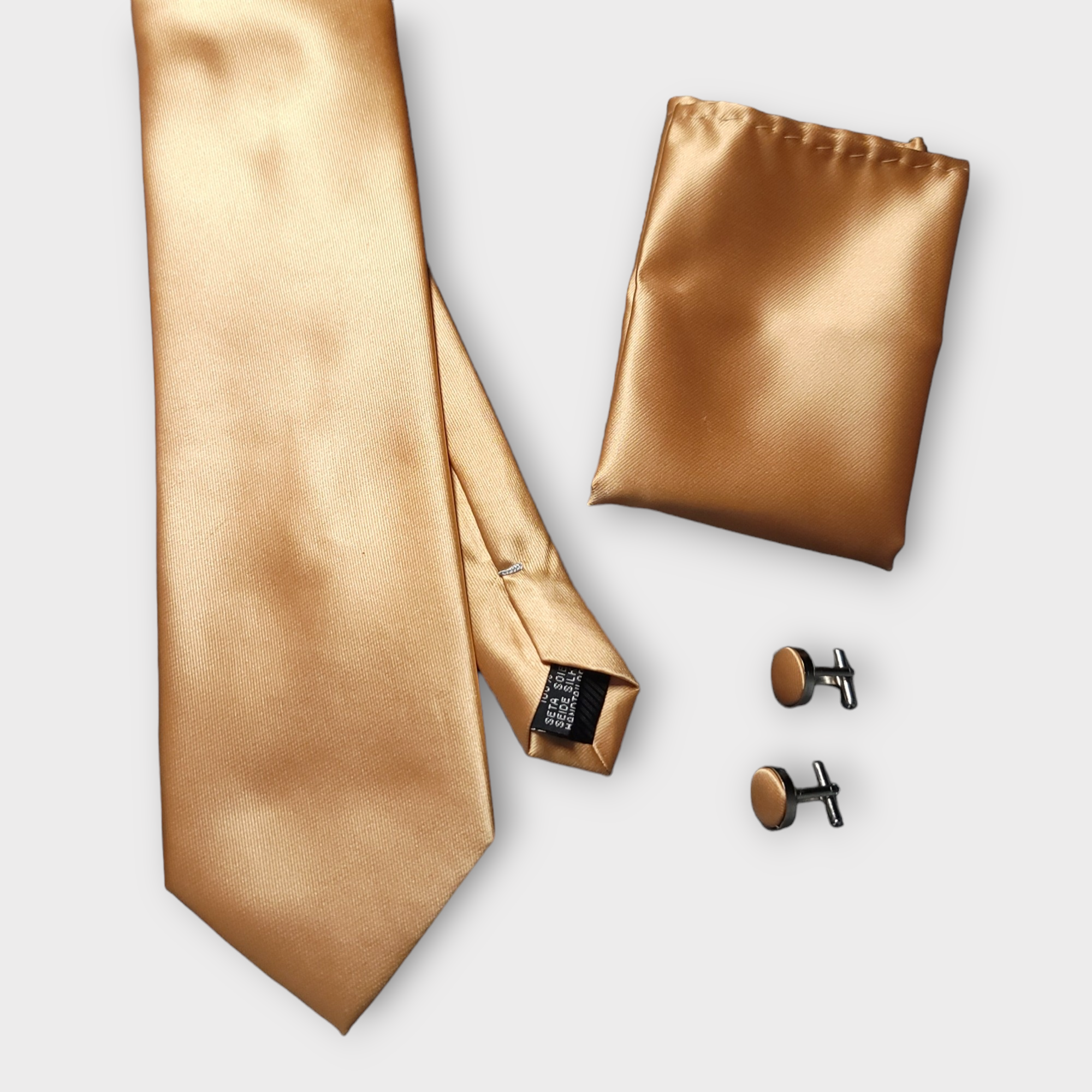 Golden Pearl Solid Silk Tie Pocket Square Cufflink Set
