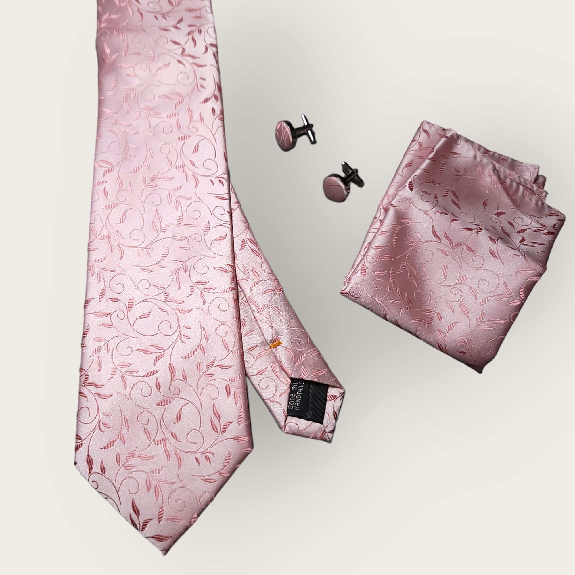 Pink Leaf Floral Silk Tie Pocket Square Cufflink Set